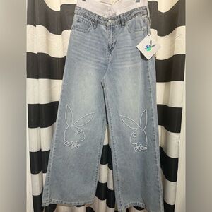 PLAYBOY Light Blue Wide Leg Jeans with Bunny Embroidery
